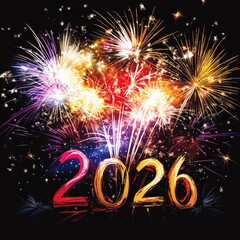 Fireworks display with the numbers "2026" written in them, city night view, fireworks illuminating buildings and streets, distant skyline, black sky background
