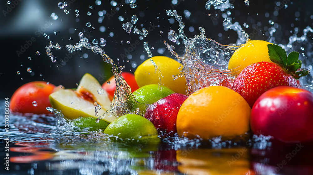 Poster a vibrant display of assorted fruits with water splashing around them on a reflective surface