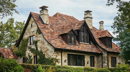 Traditional European-style house featuring intricate stonework and a unique sloping tiled roof in a serene setting