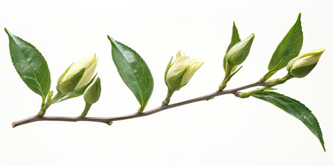 Fototapeta premium Branch with green leaves and white flowers. The white flowers are small and clustered together. The branch is long and slender, extending from the tree