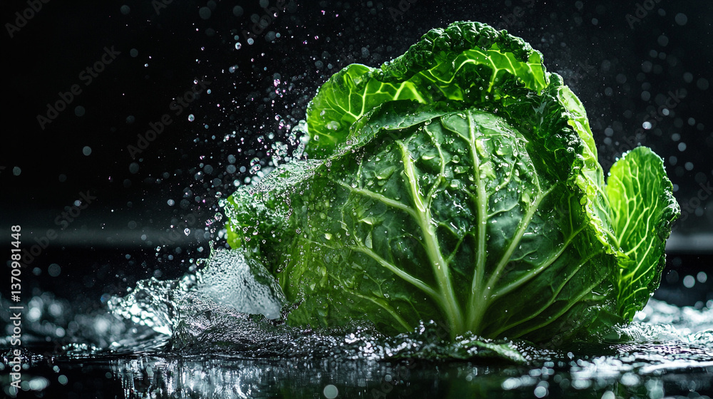 Poster close up of a green savoy cabbage being splashed with water on a dark reflective surface setting sce