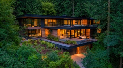 Modern house, illuminated, nestled in lush forest.