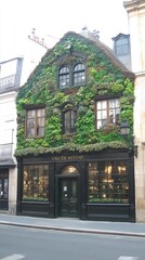 Fototapeta premium Building covered in greenery. Windows and a dark door show on the lower level street view