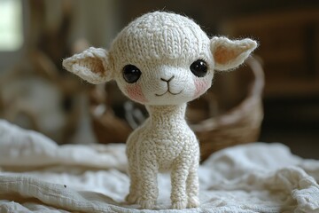A newborn alpaca, with slightly wobbly legs, stands on a pristine white base, consistently illuminated to prevent shadow formation. The high contrast highlights the crimp in its soft fleece 