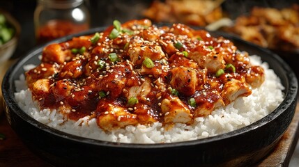 Savory chicken and rice skillet, vibrant red sauce, and grilled chicken create a delicious, rustic scene