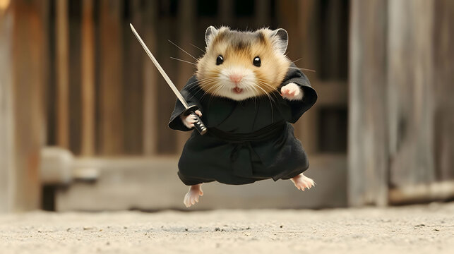 Mighty Mini Ninja Hamster: A Hilarious Photo of a Hamster in a Black Gi, Leaping with a Katana