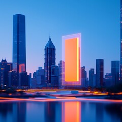 Fototapeta premium Orange Portal with Cityscape, and Night.