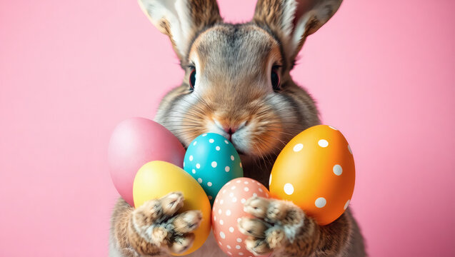 Easter Bunny Holding Treasured Painted Eggs