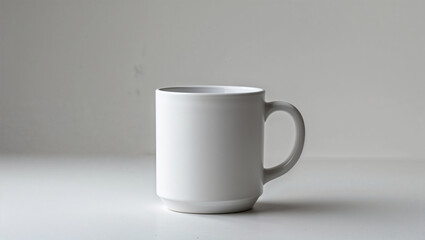 Obraz premium A simplistic, monochromatic white coffee mug sits on a white surface against a light gray backdrop. Minimalist, clean design.