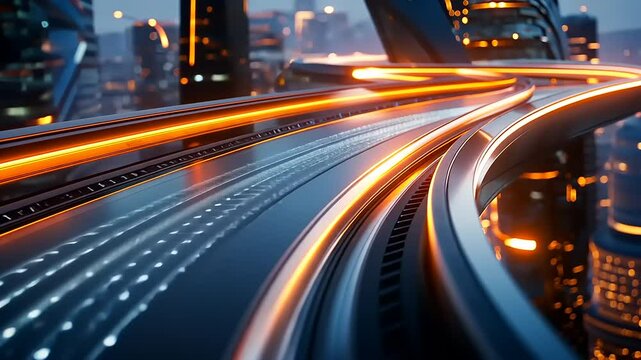 Futuristic cityscape featuring illuminated highways weaving through modern skyscrapers at dusk