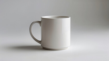 Fototapeta premium Studio shot of a plain, light-colored ceramic mug. Clean, minimalist aesthetic perfect for showcasing beverage or design mockups.