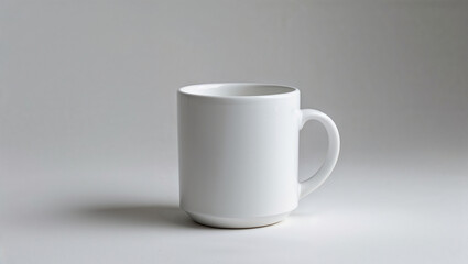Minimalist mug shot. A pristine white ceramic mug, bathed in neutral light, highlighting its clean lines and simple design, very aesthetic.