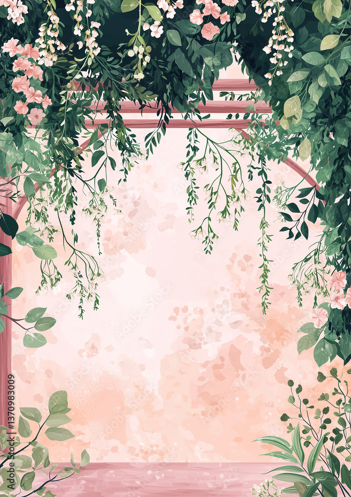 Poster a serene floral backdrop with cascading greenery and soft hues, perfect for adding a touch of nature