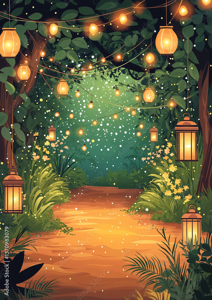 Poster A whimsical pathway adorned with lanterns and lush greenery, creating a magical atmosphere.