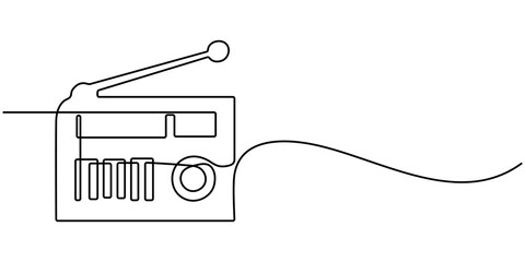 Radio. Icon with reflection on white background, Continuous one line drawing a vintage radio with a telescopic antenna sits on table. The versatility and adaptability of radio. Timeless. World Radio. 
