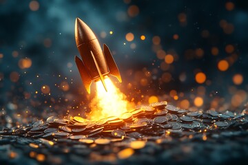 A rocket ship taking off from a pile of coins, symbolizing investment growth, glowing with fiery energy