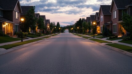 HOA Fees Quiet suburban street lined with houses at dusk.