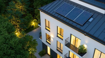 HOA Fees Modern building with solar panels surrounded by greenery at night.