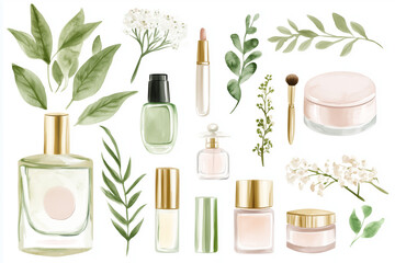 Natural skincare and makeup products with green leaves and gold accents, watercolor beauty illustration