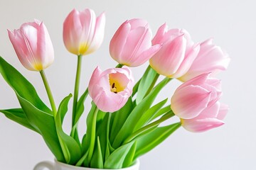 Fototapeta premium A vase of pink tulips sits on a white table. The flowers are in full bloom and are arranged in a way that makes them look like they are standing tall. The vase is the only object in the scene
