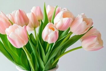 A bouquet of pink tulips in a white vase. The flowers are arranged in a way that they are all facing the same direction, creating a sense of harmony and balance. The vase is placed on a table
