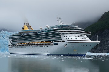 A large cruise ship sailing near glacial mountains in cloudy weather