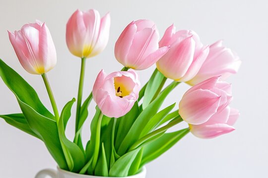 A vase of pink tulips sits on a white table. The flowers are in full bloom and are arranged in a way that makes them look like they are standing tall. The vase is the only object in the scene