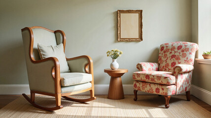 Cozy seating area with vintage armchairs and decorative elements  
