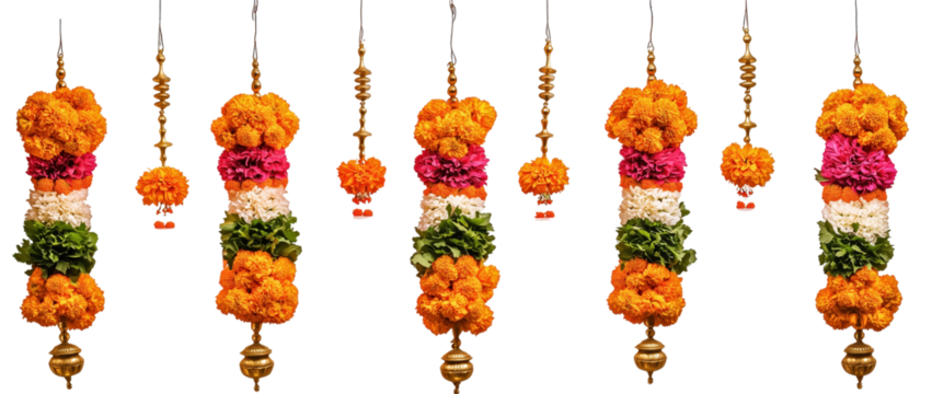 Floral Garland: A vibrant and intricately designed floral garland, showcasing a beautiful array of colorful flowers, perfectly symbolizing the elegance of celebrations. 
