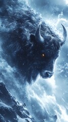 A majestic bison stands proud amongst snowy mountainous clouds