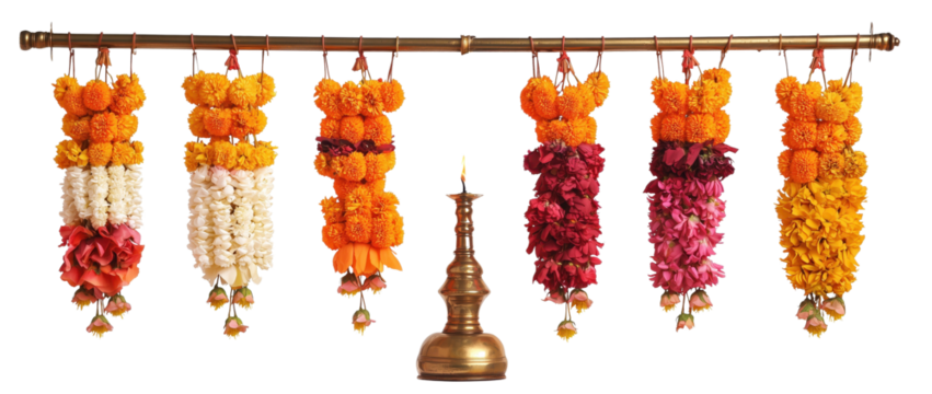 Garlands of Floral Elegance: A captivating arrangement of vibrant flower garlands, symbolizing celebration and beauty, presented in a high-angle shot.