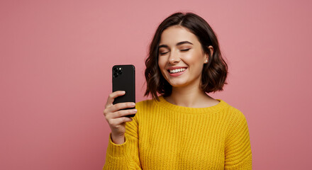 Happy Young Woman in Yellow Sweater Using Smartphone Smiling Pink Background
