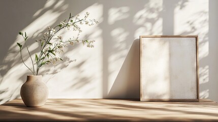 A large square-framed artwork or stained glass panel is leaning against the wall