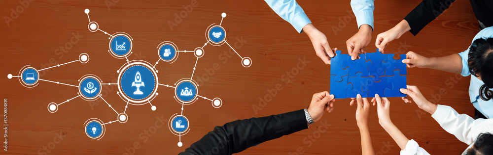 Aufkleber a diverse team collaborates on puzzle pieces, symbolizing teamwork, innovation, and technology in a 