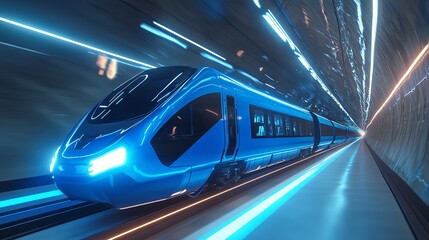 The blue train speeds through the tunnel, showcasing cutting-edge technology and innovation