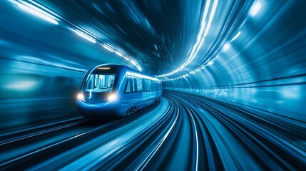 Fototapeta premium The blue train speeds through the tunnel, showcasing cutting-edge technology and innovation