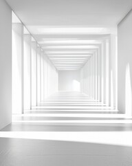 Abstract white gallery hall featuring ultra-soft shadows and subtle depth, evoking a minimal concept of space and presence. The futuristic setting resembles a meditative, conceptual installation.