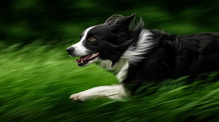 Fototapeta premium A black and white Border Collie runs through a field of vibrant green grass. The dog's energy and speed are captured in a dynamic motion blur.