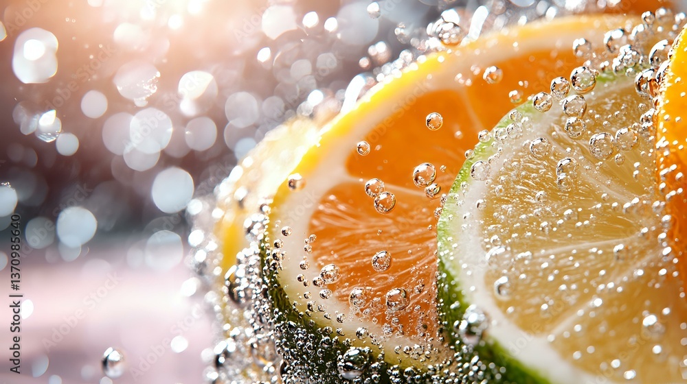 Poster fresh citrus slices with water drops and bokeh light effect, macro shot showing juicy orange and lim