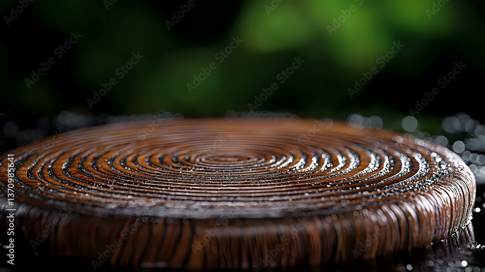 Aufkleber macro shot of wet wooden surface with circular grain pattern and water droplets creating concentric 