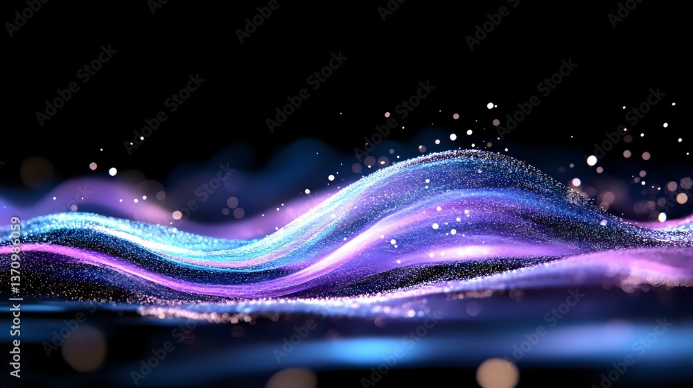Aufkleber magical flowing waves of blue and purple light with glowing particles and bokeh effects on dark back