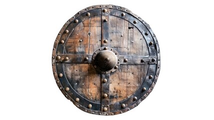 Naklejka premium Vintage wooden shield with aged metal details: medieval defensive artifact with leather bindings isolated on white background