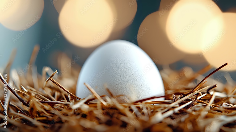 Poster fresh white egg nestled in natural straw hay nest with soft golden bokeh lights in background creati