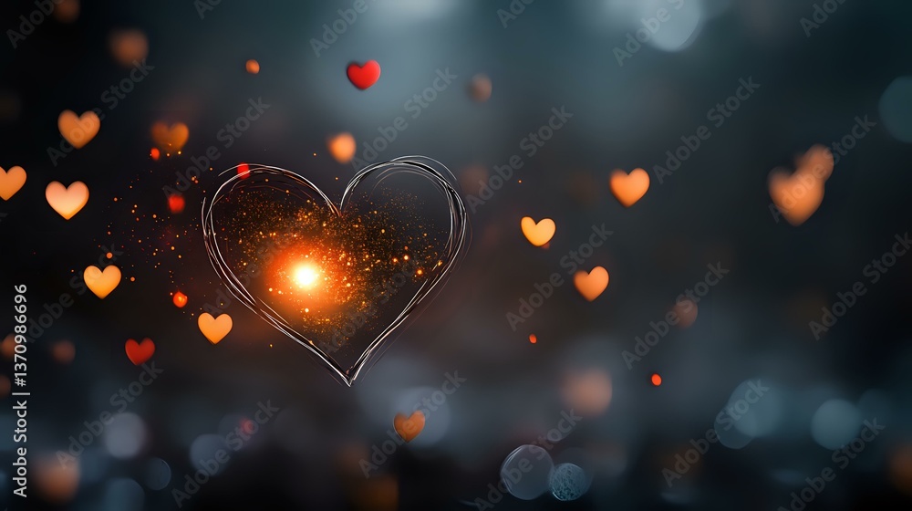 Poster glowing heart shape with sparkles and bokeh lights against dark background, floating orange and red 