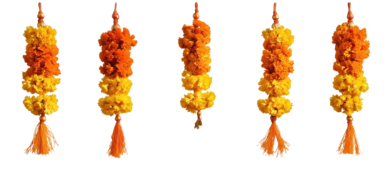 Marigold Garlands: A captivating capture of vibrant marigold garlands suspended, exuding a sense of festivity and adding a burst of color and cultural significance.