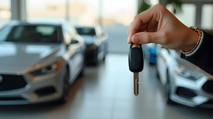 Close-up of a hand holding a car key in a dealership, with luxury cars blurred in the background, symbolizing car sales, rental, or ownership.