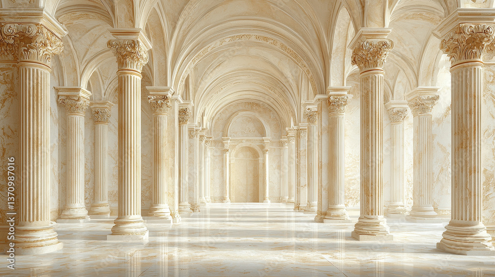 Poster elevated architectural mural with intricate columns and arches in soft beige and gold tones for a gr