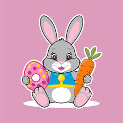Cute Cartoon Easter Bunny Sitting with Egg and Carrot