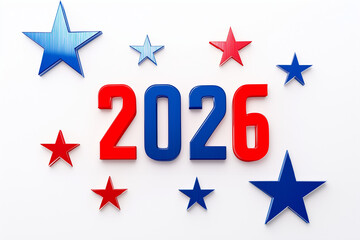 3D blue text "2026" and blue and red stars on a white background. The concept of the 3D "2026" new year.