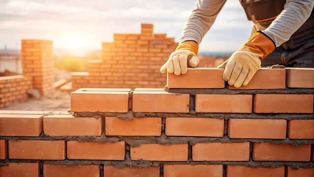 Fototapeta Bricklayer constructing brick wall on construction site
